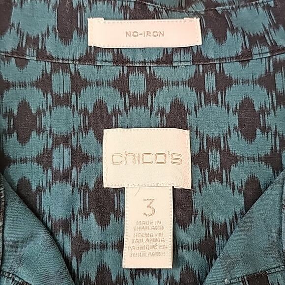 Chico's Womens Sz 16 No Iron Green Geometric 100% Cotton Fairy Button Up Top - Picture 3 of 13